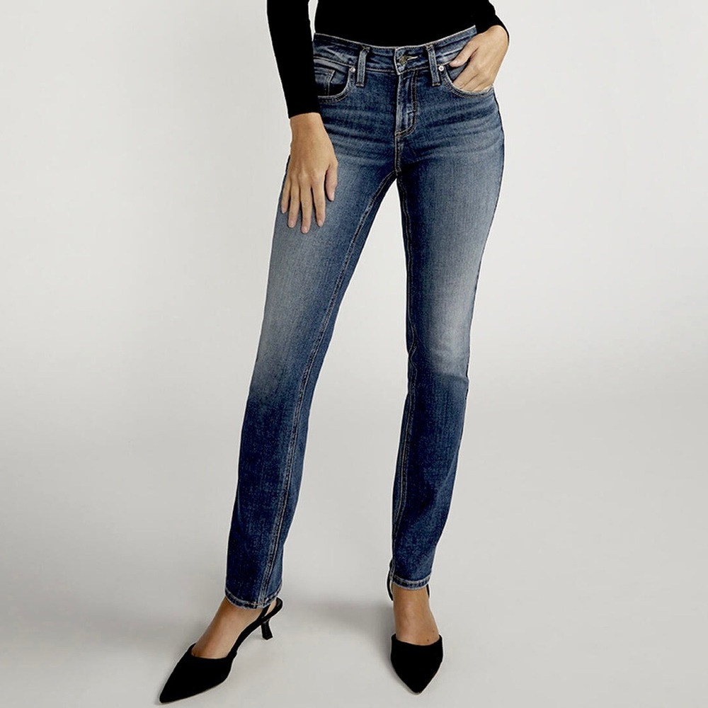 SILVER JEANS Suki Straight Mid Rise Jean Dark Indigo Denim Curvy Fit Classic 29